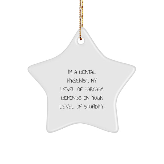 Dental Hygienist Star Ornament, Funny Gifts from Friends, Christmas Unique Presents for Her, 'I'm A Dental Hygienist. My Level Of Sarcasm Depends On Your Level Of Stupidity.' - Image 1