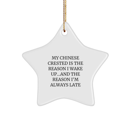 Funny Chinese Crested Dog Gifts for Men, Women, Friends, Family - My Chinese Crested Is The Reason I Wake Up...and The Reason I'm Always Late Christmas Unique Star Ornament for Decorations - Image 1