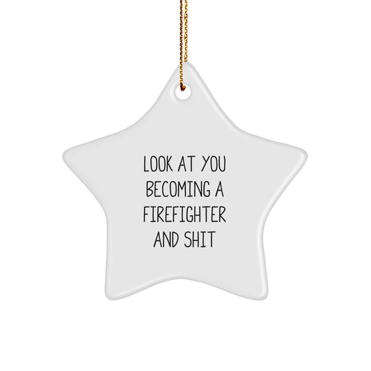 Funny Firefighter Star Ornament, Gifts from Friends and Family to Firefighter on Christmas, Star Shaped White Decorations for Home - Image 1