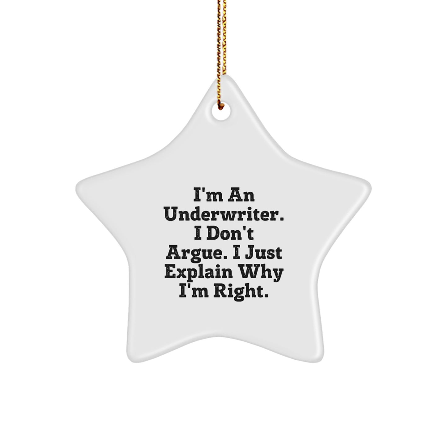 Funny Underwriter Gifts from Friends for Underwriter, Star Ornament Underwriter, Christmas Unique Gifts for Underwriter, Quote 'I'm An Underwriter. I Don't Argue. I Just Explain Why I'm Right.' - Image 1