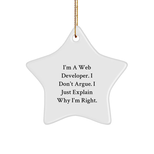 Funny Web Developer Star Ornament, Gifts from Friends, Web Developer Christmas Unique Gifts, Star Shaped Decorations, 'I'm A Web Developer. I Don't Argue. I Just Explain Why I'm Right.' - Image 1