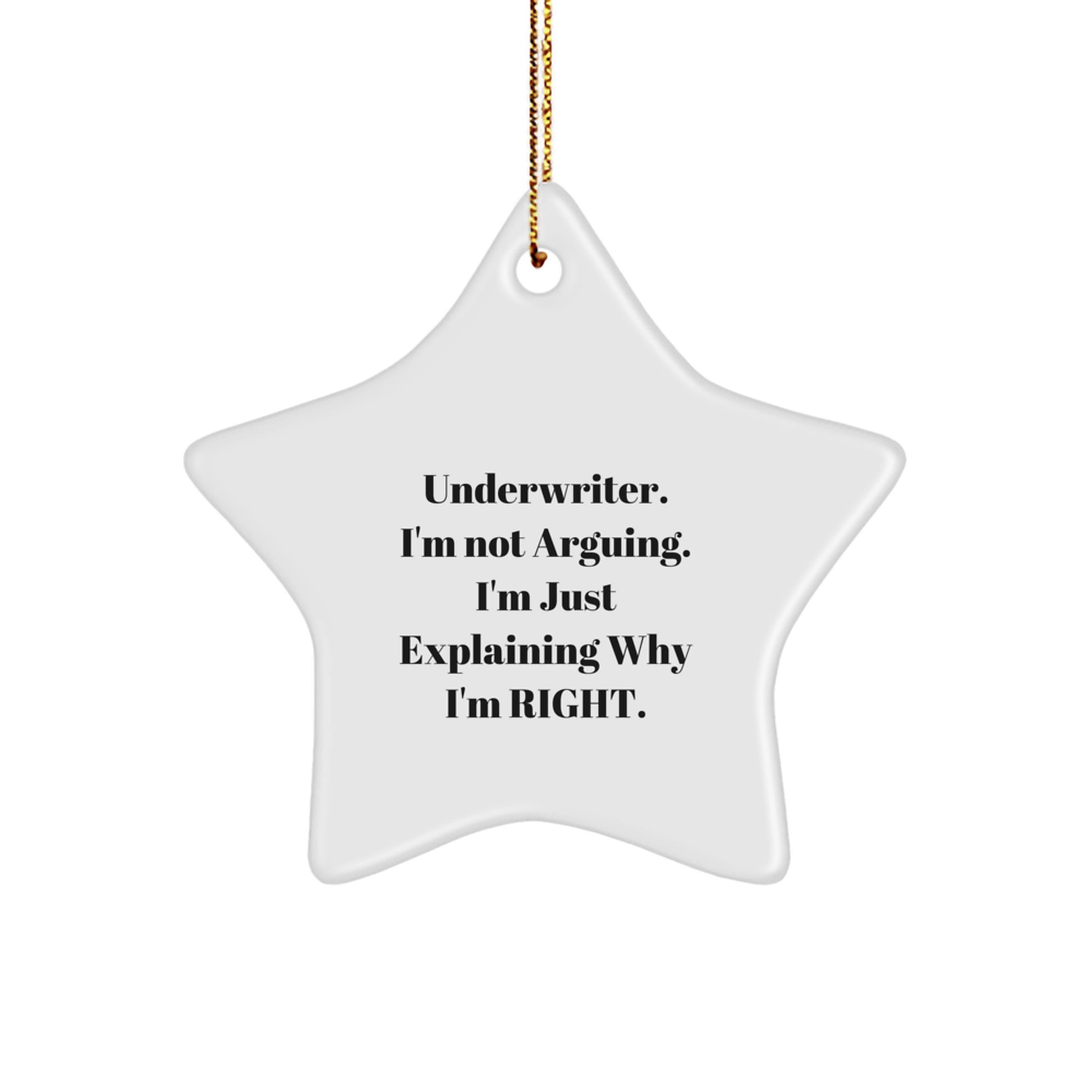 Funny Underwriter Gifts for Him Star Ornament with 'Underwriter. I'm Not Arguing. I'm Just Explaining Why I'm Right.' Quote, Christmas Unique Gifts from Friends - Image 1