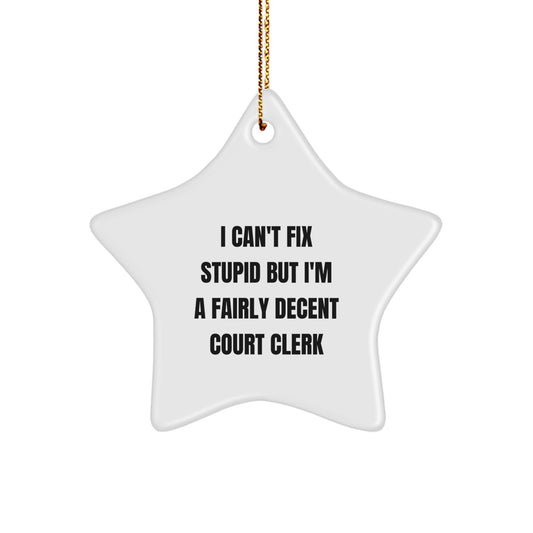 Funny Court Clerk Gifts I Can't Fix Stupid But I'm A Fairly Decent Star Ornament for Court Clerk Men Women Family Friends Coworkers Christmas Unique - Image 1