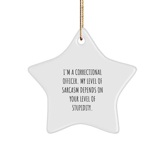 Funny Correctional Officer Gifts, 'I'm A Correctional Officer. My Level Of Sarcasm Depends On Your Level Of Stupidity' Star Ornament for Correctional Officers, Christmas Unique Gifts from Friends - Image 1