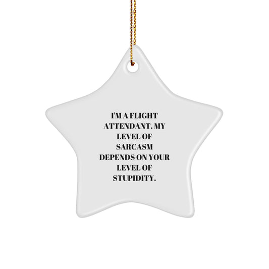 Funny Flight Attendant Gifts - 'I'm A Flight Attendant. My Level Of Sarcasm Depends On Your Level Of Stupidity.' Star Ornament, Christmas Unique Gifts for Flight Attendants from Friends - Image 1