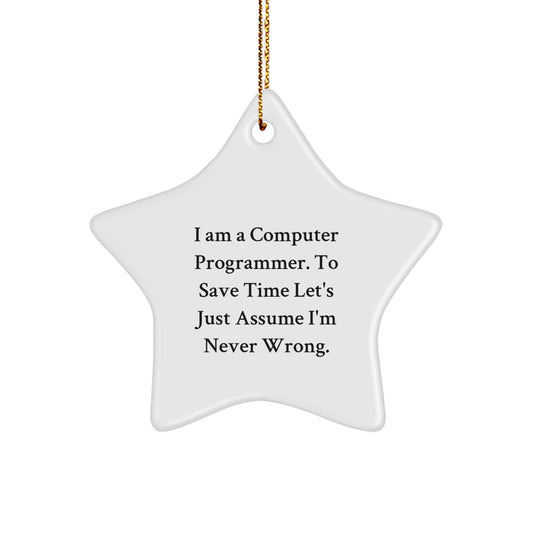 Funny Computer Programmer Gifts from Friends and Family - Star Ornament 'I Am A Computer Programmer. To Save Time Let's Just Assume I'm Never Wrong.' for Computer Programmers at Christmas - Image 1