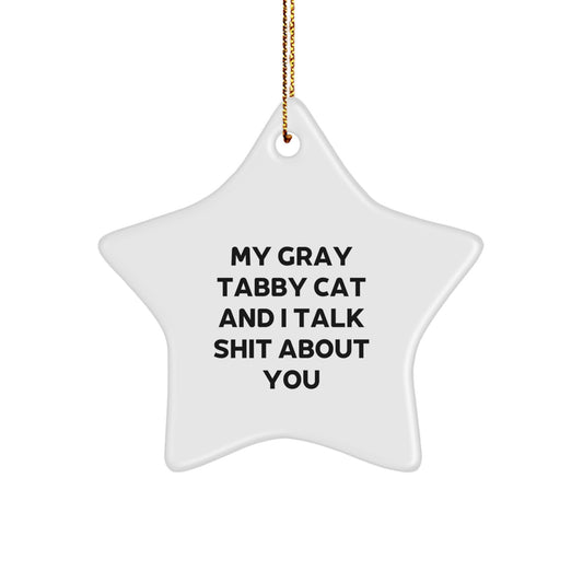 Funny Gray Tabby Cat Star Ornament Gifts for Men, Women, Family from Friends, Perfect for Christmas Unique Gifts, 'My Gray Tabby Cat And I Talk Shit About You' Quote - Image 1