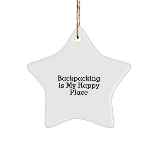 Funny Star Ornament Gifts from Friends for Backpacking Enthusiasts - 'Backpacking Is My Happy Place' Star Shaped White Christmas Decorations - Image 1